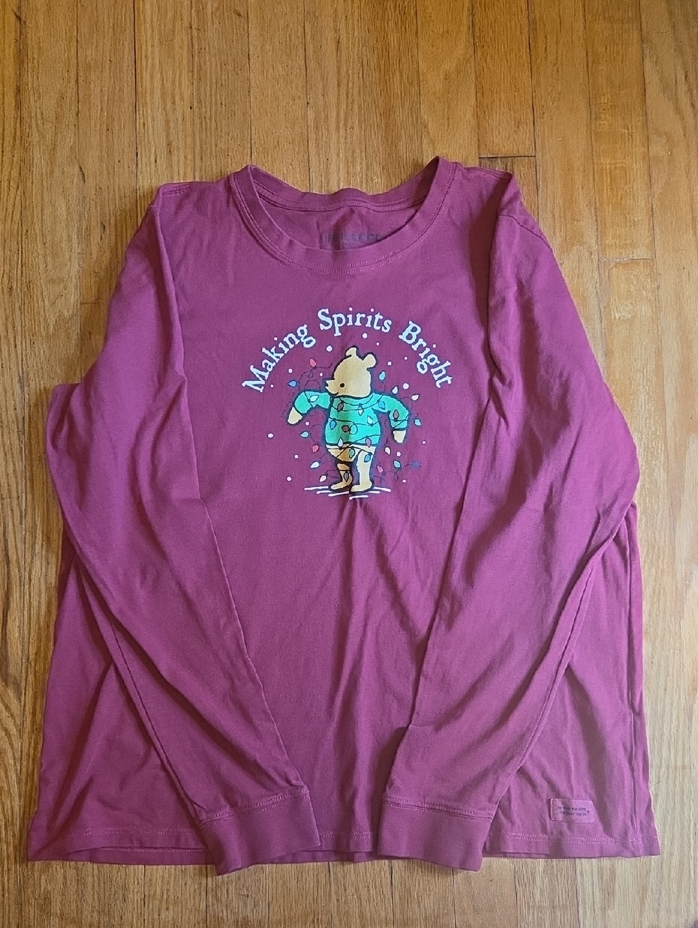 Life Is Good Long-Sleeve Tee in Berry with Festive Bear Graphic